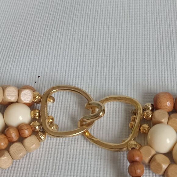 Vintage Tan & Beige Wooden & Metal Beads Multi Strand Layered Statement Necklace - Picture 8 of 9